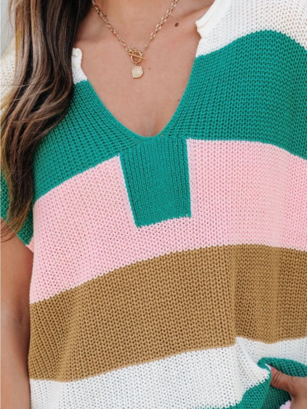 Knit Colorblock V-Neck Sleeveless Sweater Vest - Pink/Green/White